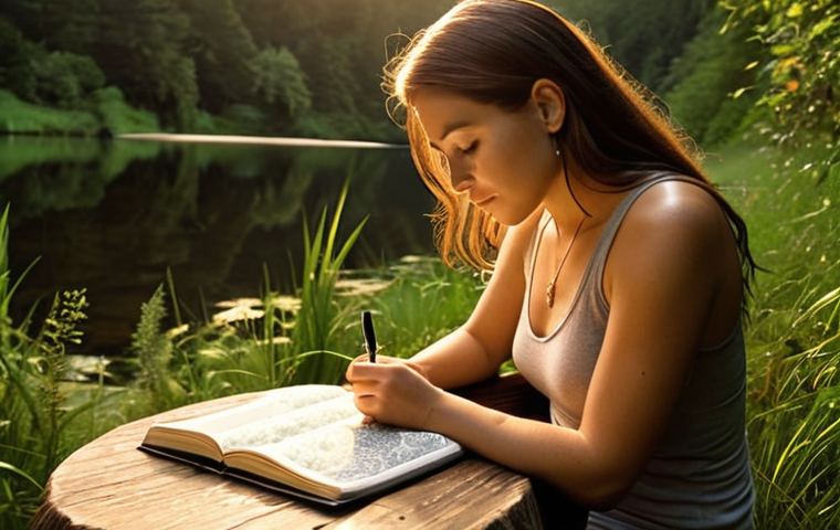 **
`Woman journaling outdoors, surrounded by nature, reflecting on personal growth, with a compass nearby, warm lighting, peaceful atmosphere.`
**